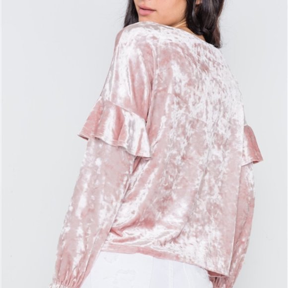 Blush Crushed Velvet Ruffle Sleeve Top - Picture 3 of 4